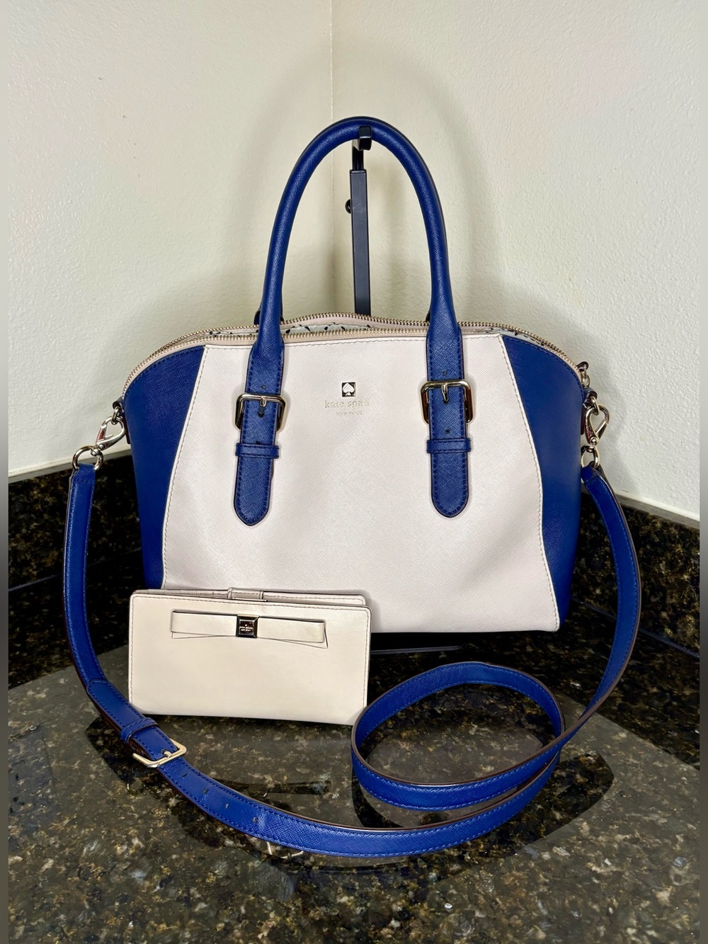 Kate Spade Cove Street Leather Colorblock Pippa Satchel White/French Navy W/Strp